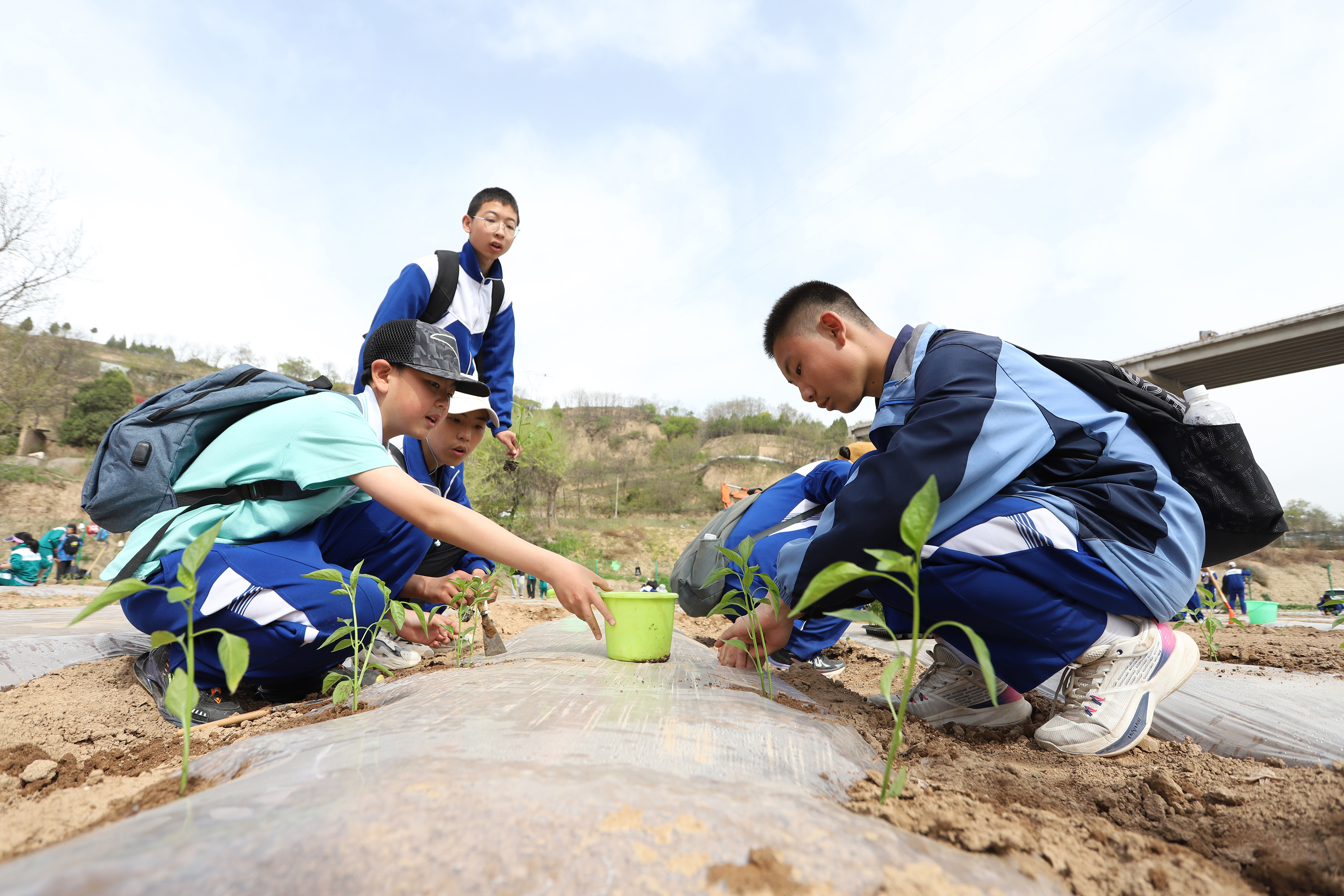 06——4月27日，在甘肅省平?jīng)鍪械谒闹袑W(xué)行知園學(xué)農(nóng)基地里，學(xué)生們?cè)诮o剛剛種植的辣椒苗澆水。.JPG